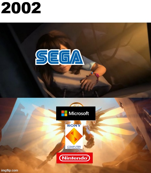 How Sega became a software company. | 2002 | image tagged in overwatch mercy meme,sega,nintendo,playstation,xbox,third party | made w/ Imgflip meme maker