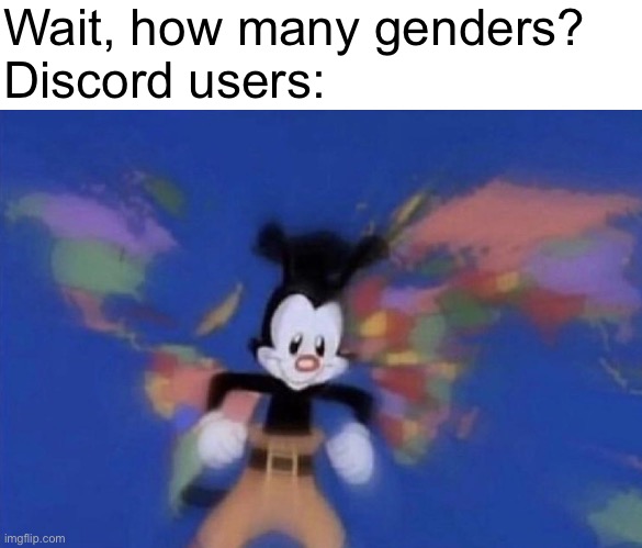 This isn’t a statement on anything, just being silly | Wait, how many genders?
Discord users: | image tagged in yakko's world,lgbtq | made w/ Imgflip meme maker