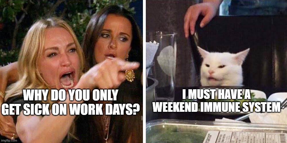 weekend immune system | WHY DO YOU ONLY GET SICK ON WORK DAYS? I MUST HAVE A WEEKEND IMMUNE SYSTEM | image tagged in smudge the cat | made w/ Imgflip meme maker