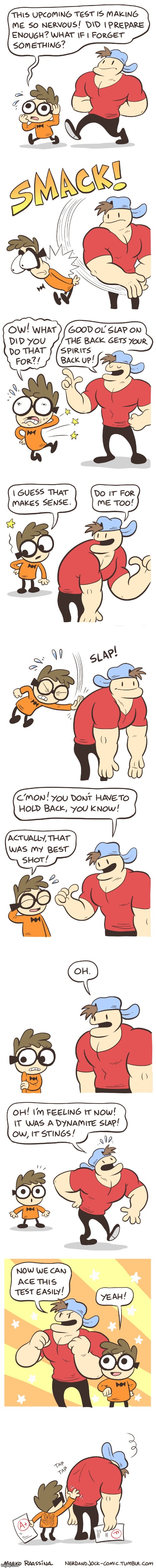image tagged in nerd,jock,test,slap,f,oof | made w/ Imgflip meme maker
