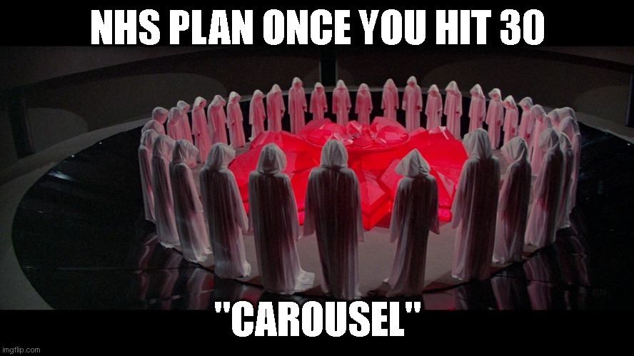 logan's run | NHS PLAN ONCE YOU HIT 30; "CAROUSEL" | image tagged in logan's run | made w/ Imgflip meme maker
