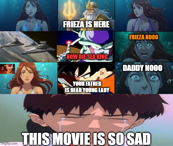 shinji is crying over the movies | FRIEZA IS HERE; FRIEZA NOOO; NOW DIE SEA KING; DADDY NOOO; YOUR FATHER IS DEAD YOUNG LADY; THIS MOVIE IS SO SAD | image tagged in underwater drama,shinji ikari,dragon ball z,the little mermaid,sad movies,frieza | made w/ Imgflip meme maker