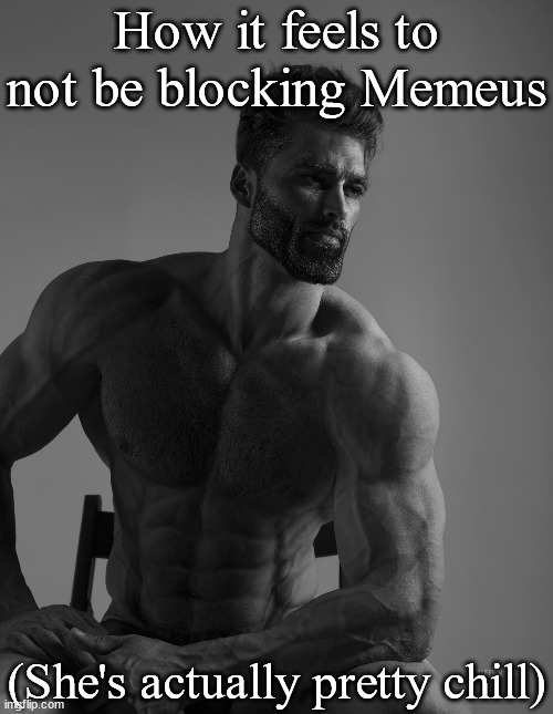 Giga Chad | How it feels to not be blocking Memeus; (She's actually pretty chill) | image tagged in giga chad | made w/ Imgflip meme maker