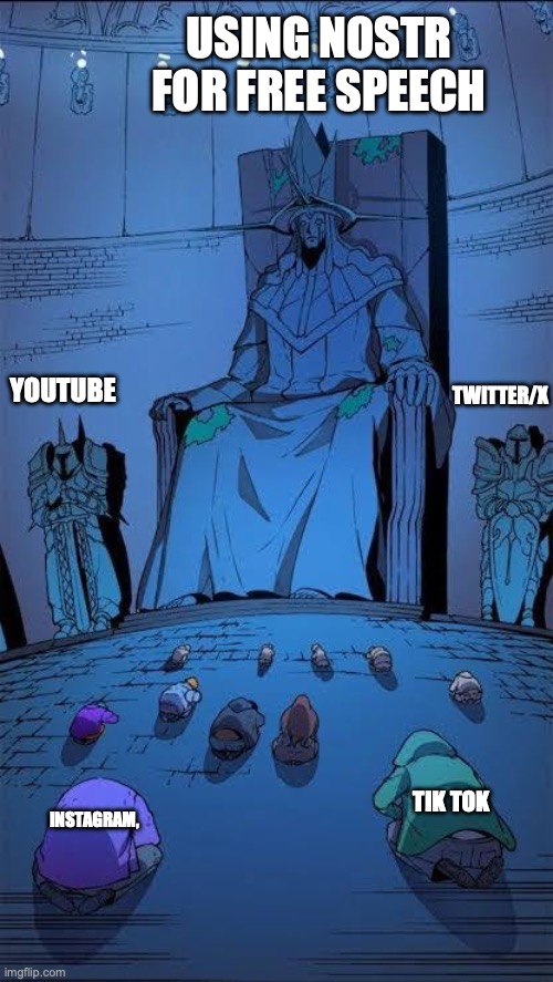 Nostr is the king of free speech | USING NOSTR FOR FREE SPEECH; TWITTER/X; YOUTUBE; TIK TOK; INSTAGRAM, | image tagged in bow down to the king | made w/ Imgflip meme maker