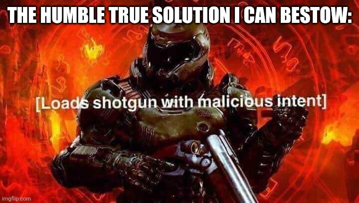 Loads shotgun with malicious intent | THE HUMBLE TRUE SOLUTION I CAN BESTOW: | image tagged in loads shotgun with malicious intent | made w/ Imgflip meme maker