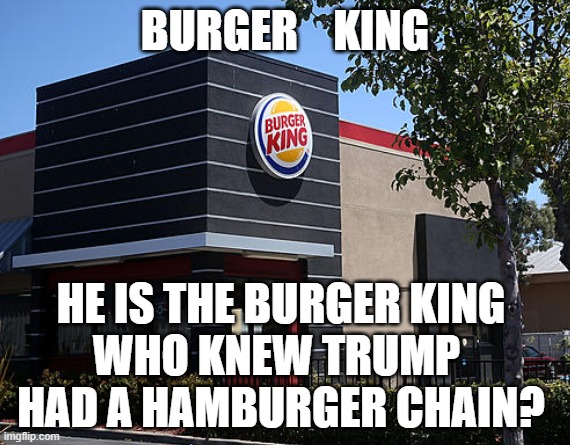 Burger King Trump | BURGER    KING; HE IS THE BURGER KING
WHO KNEW TRUMP 
HAD A HAMBURGER CHAIN? | image tagged in trump burger king | made w/ Imgflip meme maker