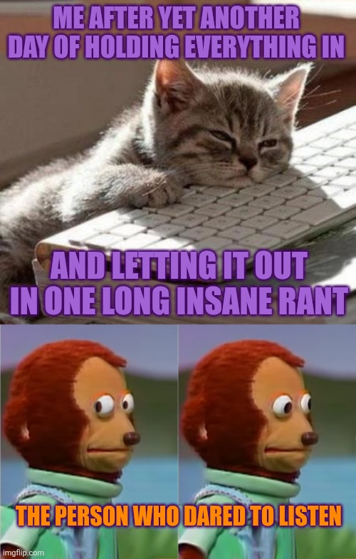 Free case study for hot singles in my area! | ME AFTER YET ANOTHER DAY OF HOLDING EVERYTHING IN; AND LETTING IT OUT IN ONE LONG INSANE RANT; THE PERSON WHO DARED TO LISTEN | image tagged in tired cat,puppet monkey looking away,depression,happy star congratulations | made w/ Imgflip meme maker