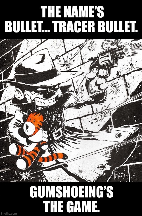 His prices are reasonable… | GUMSHOEING’S 
THE GAME. | image tagged in calvin and hobbes,tracer bullet,fan art,gumshoeing | made w/ Imgflip meme maker