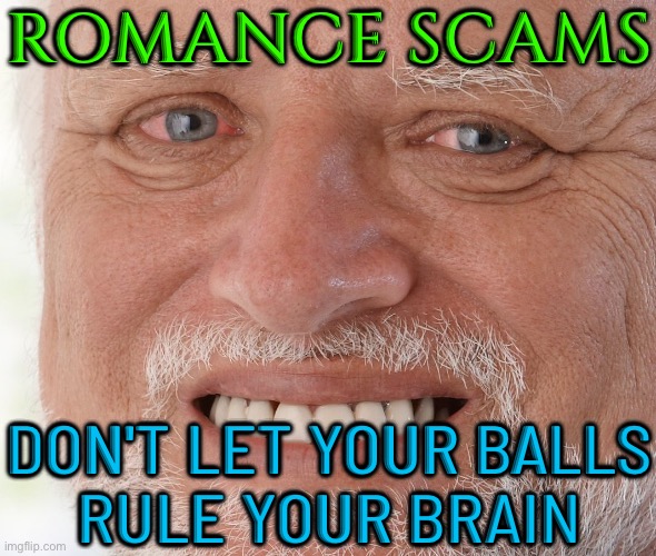 Online dating scams | ROMANCE SCAMS; DON'T LET YOUR BALLS
RULE YOUR BRAIN | image tagged in hide the pain harold,scammers,scam,romance,blue balls,ok boomer | made w/ Imgflip meme maker