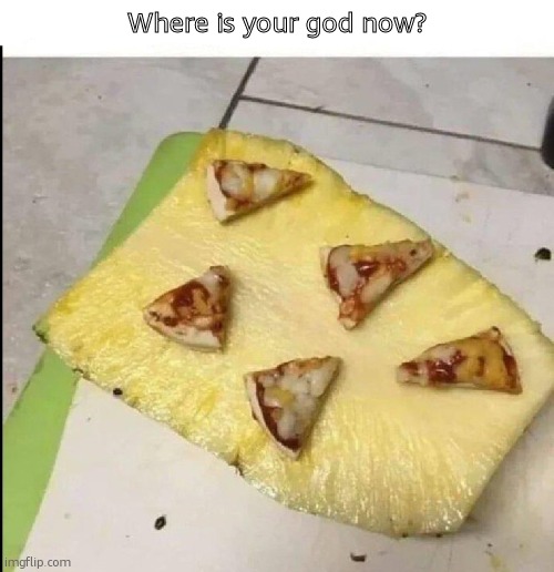 Where is your god now? | image tagged in pizza | made w/ Imgflip meme maker