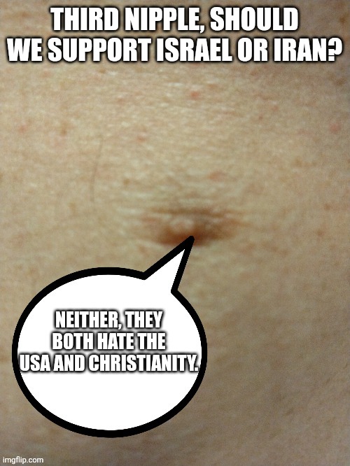 Sezmo's third nipple | THIRD NIPPLE, SHOULD WE SUPPORT ISRAEL OR IRAN? NEITHER, THEY BOTH HATE THE USA AND CHRISTIANITY. | image tagged in sezmo's third nipple | made w/ Imgflip meme maker