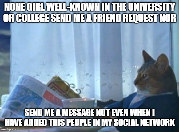 friend request | NONE GIRL WELL-KNOWN IN THE UNIVERSITY OR COLLEGE SEND ME A FRIEND REQUEST NOR; SEND ME A MESSAGE NOT EVEN WHEN I HAVE ADDED THIS PEOPLE IN MY SOCIAL NETWORK | image tagged in memes,i should buy a boat cat | made w/ Imgflip meme maker