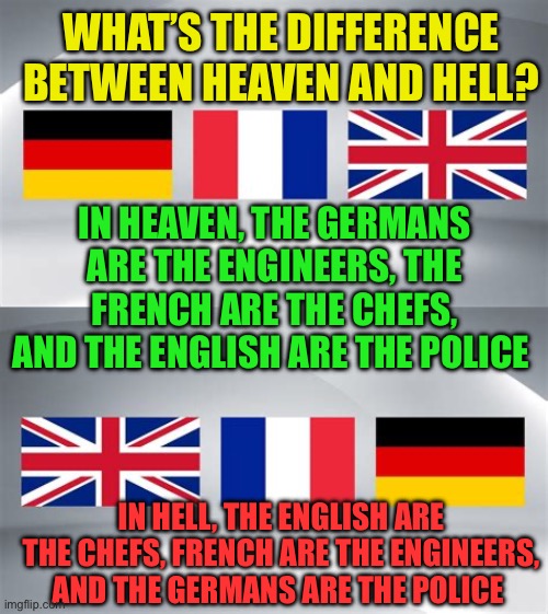 The difference between Heaven and Hell | WHAT’S THE DIFFERENCE BETWEEN HEAVEN AND HELL? IN HEAVEN, THE GERMANS ARE THE ENGINEERS, THE FRENCH ARE THE CHEFS, AND THE ENGLISH ARE THE POLICE; IN HELL, THE ENGLISH ARE THE CHEFS, FRENCH ARE THE ENGINEERS, AND THE GERMANS ARE THE POLICE | image tagged in gifs,jokes,heaven,hell,funny | made w/ Imgflip meme maker