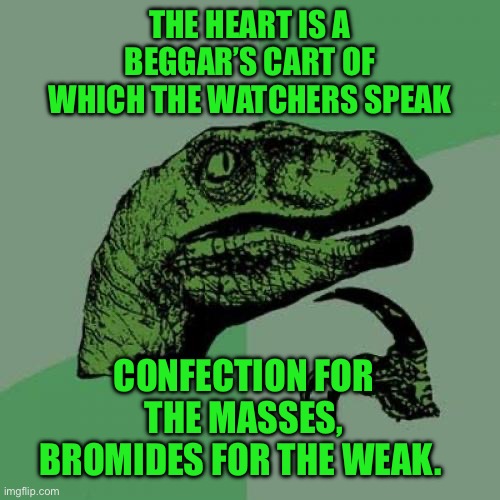Philosoraptor | THE HEART IS A BEGGAR’S CART OF WHICH THE WATCHERS SPEAK; CONFECTION FOR THE MASSES, BROMIDES FOR THE WEAK. | image tagged in memes,philosoraptor | made w/ Imgflip meme maker