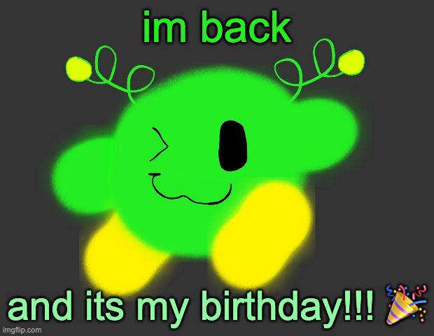 vroby green dmb | im back; and its my birthday!!! 🎉 | image tagged in vroby green dmb | made w/ Imgflip meme maker