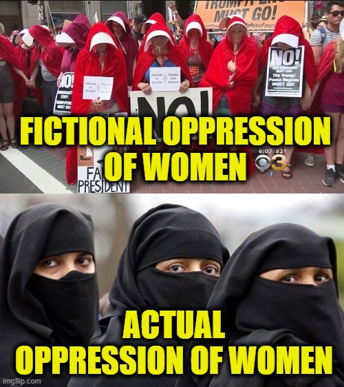 More Leftist Logic | FICTIONAL OPPRESSION
OF WOMEN; ACTUAL
OPPRESSION OF WOMEN | image tagged in women's rights | made w/ Imgflip meme maker