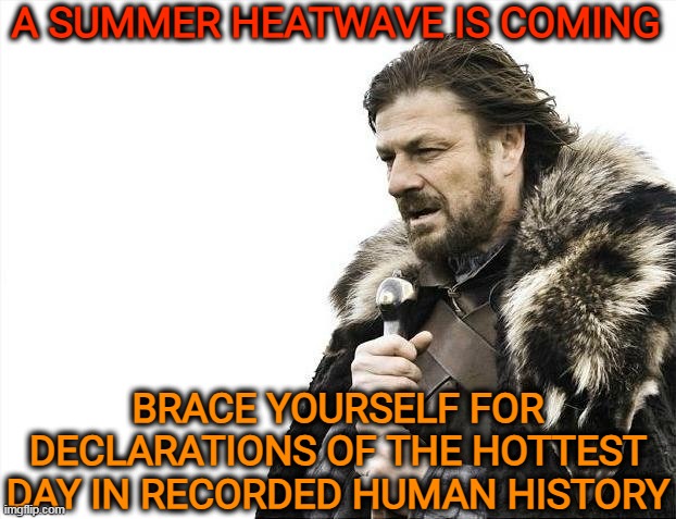 It happens every year about this time | A SUMMER HEATWAVE IS COMING; BRACE YOURSELF FOR DECLARATIONS OF THE HOTTEST DAY IN RECORDED HUMAN HISTORY | image tagged in memes,brace yourselves x is coming,climate change,heatwave,hot weather | made w/ Imgflip meme maker