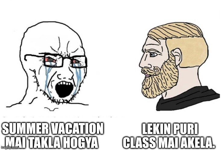 Soyboy Vs Yes Chad | LEKIN PURI CLASS MAI AKELA. SUMMER VACATION MAI TAKLA HOGYA | image tagged in soyboy vs yes chad | made w/ Imgflip meme maker