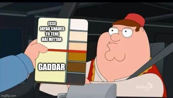 Peter Griffin skin color chart race terrorist blank | ISSE JAYDA SHADES TO TERE HAI MITTAR; GADDAR | image tagged in peter griffin skin color chart race terrorist blank | made w/ Imgflip meme maker