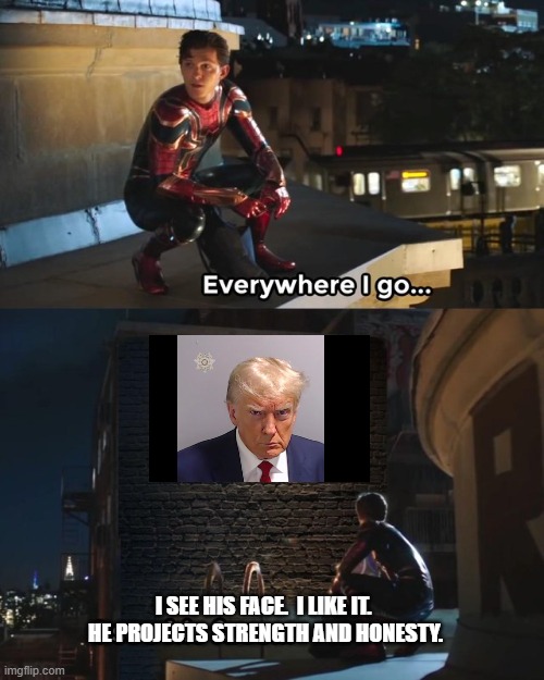 and soy-boy leftist beta-male types start sobbing. | I SEE HIS FACE.  I LIKE IT.  HE PROJECTS STRENGTH AND HONESTY. | image tagged in everywhere i go i see his face | made w/ Imgflip meme maker