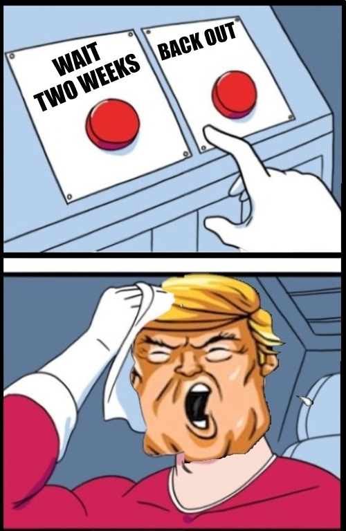 Two Buttons Trump | BACK OUT WAIT TWO WEEKS | image tagged in two buttons trump | made w/ Imgflip meme maker