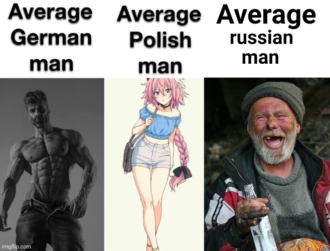 Average males: Germany vs Poland vs Russia | image tagged in poland,germany,femboy,memes,russia,homeless | made w/ Imgflip meme maker