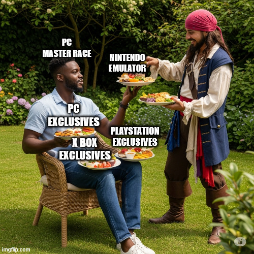 PC Master Race "all inclusive" | PC MASTER RACE; NINTENDO EMULATOR; PC EXCLUSIVES; PLAYSTATION EXCLUSIVES; X BOX EXCLUSIVES | image tagged in pirate serves more plates of food | made w/ Imgflip meme maker