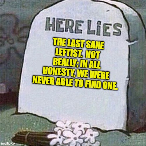 Harsh but honest. | THE LAST SANE LEFTIST.  NOT REALLY; IN ALL HONESTY, WE WERE NEVER ABLE TO FIND ONE. | image tagged in here lies spongebob tombstone | made w/ Imgflip meme maker