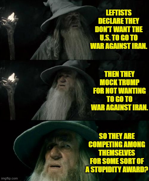 Maybe they have got goblin blood running through their veins. | LEFTISTS DECLARE THEY DON'T WANT THE U.S. TO GO TO WAR AGAINST IRAN. THEN THEY MOCK TRUMP FOR NOT WANTING TO GO TO WAR AGAINST IRAN. SO THEY ARE COMPETING AMONG THEMSELVES FOR SOME SORT OF A STUPIDITY AWARD? | image tagged in confused gandalf | made w/ Imgflip meme maker