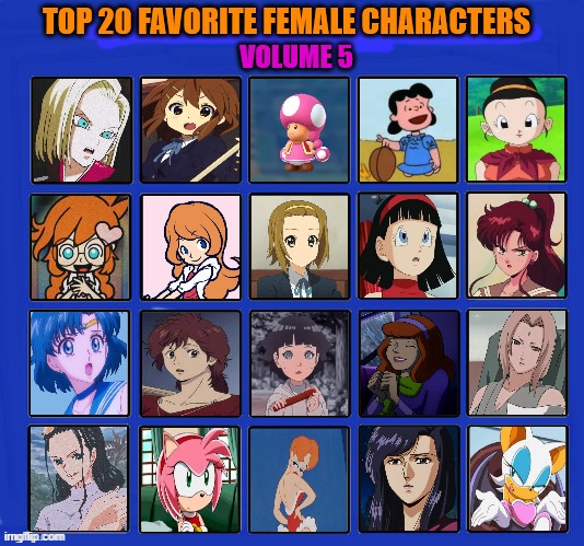 top 20 favorite female characters volume 5 | image tagged in top 20 favorite female characters volume 5,anime,videogames,comics/cartoons,volume,movies | made w/ Imgflip meme maker
