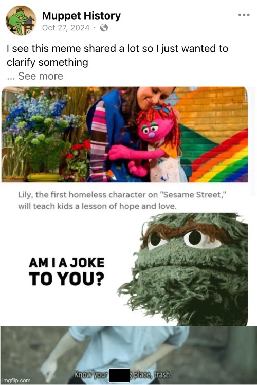 First homeless character in Sesame Street | image tagged in know your place trash,oscar the grouch | made w/ Imgflip meme maker