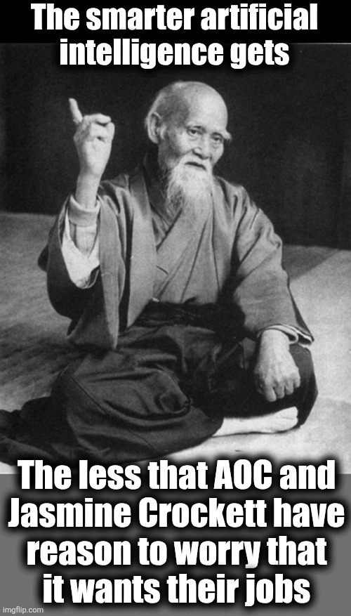 The smarter artificial
intelligence gets; The less that AOC and
Jasmine Crockett have
reason to worry that
it wants their jobs | image tagged in wise master,aoc,jasmine crockett,democrats,stupid,artificial intelligence | made w/ Imgflip meme maker