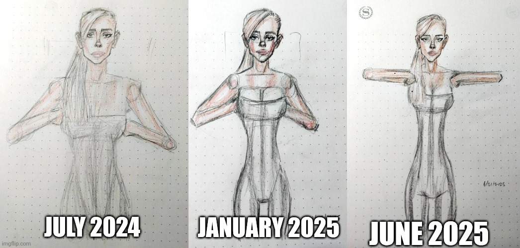 11.5 month Art Transformation "Marissa" | JULY 2024; JANUARY 2025; JUNE 2025 | image tagged in drawings,sketch,girl,white girl,art | made w/ Imgflip meme maker