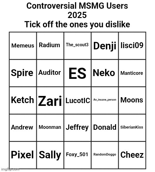 Made a bingo for yall | image tagged in controversial msmg users 2025 | made w/ Imgflip meme maker