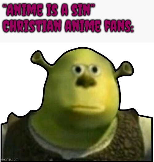 “Anime is a sin”
Christian anime fans: | image tagged in christian,sin,shrek,monsters inc,cartoon | made w/ Imgflip meme maker