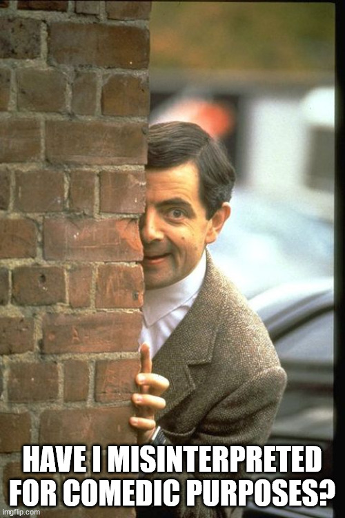 sneaky bean | HAVE I MISINTERPRETED FOR COMEDIC PURPOSES? | image tagged in sneaky bean | made w/ Imgflip meme maker
