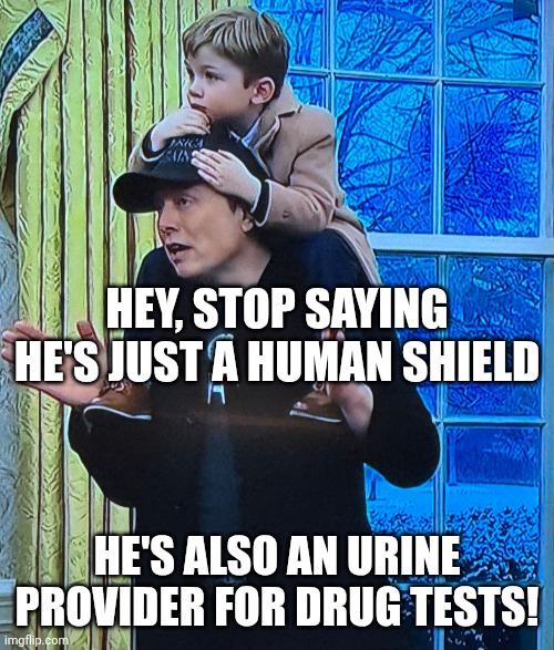Child labor | HEY, STOP SAYING HE'S JUST A HUMAN SHIELD; HE'S ALSO AN URINE PROVIDER FOR DRUG TESTS! | image tagged in doge head elon musk,child labor,maga,drug test | made w/ Imgflip meme maker