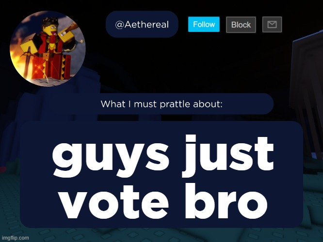 aethereal's forsaken template | guys just vote bro | image tagged in aethereal's forsaken template | made w/ Imgflip meme maker