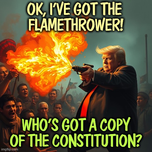 OK, I'VE GOT THE 
FLAMETHROWER! WHO'S GOT A COPY OF THE CONSTITUTION? | image tagged in trump,flamethrower,constitution,democracy,america,founding fathers | made w/ Imgflip meme maker