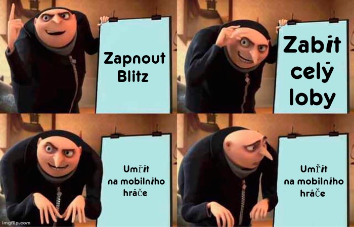 Gru's Plan Meme | Zapnout Blitz; Zabít celý loby; Umřít na mobilního hráče; Umřít na mobilního hráče | image tagged in memes,gru's plan | made w/ Imgflip meme maker