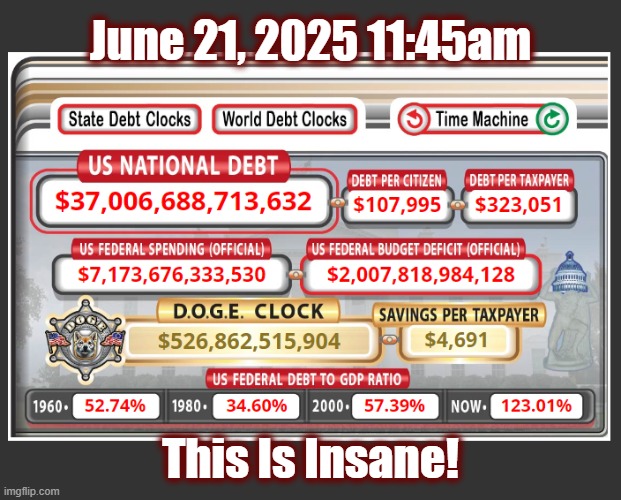 What? No debt for noncitizens? | June 21, 2025 11:45am; This Is Insane! | image tagged in politics,american politics,end the fed,economy,debt,national debt | made w/ Imgflip meme maker