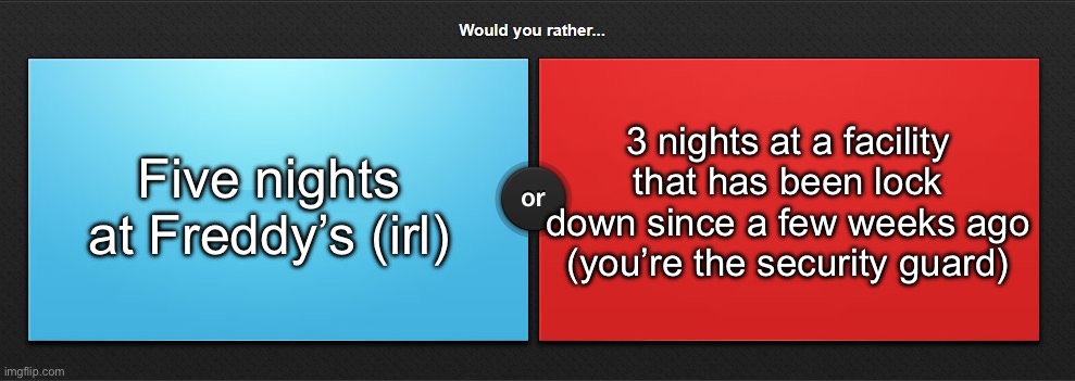 Would you rather | Five nights at Freddy’s (irl); 3 nights at a facility that has been lock down since a few weeks ago (you’re the security guard) | image tagged in would you rather,msmg | made w/ Imgflip meme maker