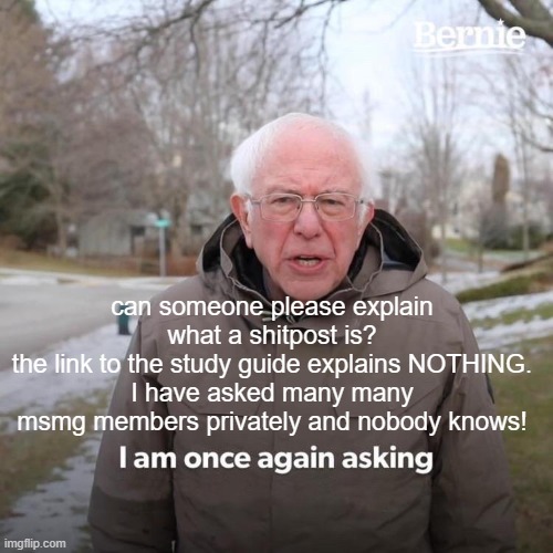what is considered a shit post?????? | can someone please explain what a shitpost is?
the link to the study guide explains NOTHING.
I have asked many many msmg members privately and nobody knows! | image tagged in memes,bernie i am once again asking for your support | made w/ Imgflip meme maker