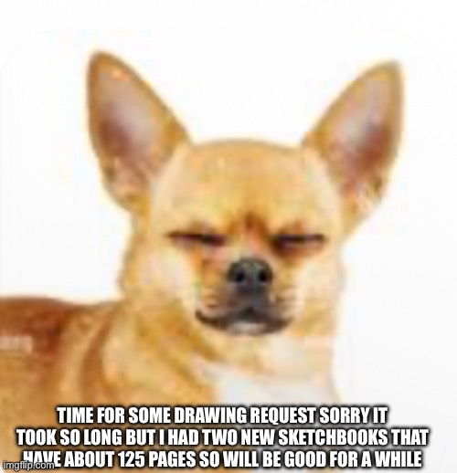 Send them | TIME FOR SOME DRAWING REQUEST SORRY IT TOOK SO LONG BUT I HAD TWO NEW SKETCHBOOKS THAT HAVE ABOUT 125 PAGES SO WILL BE GOOD FOR A WHILE | made w/ Imgflip meme maker