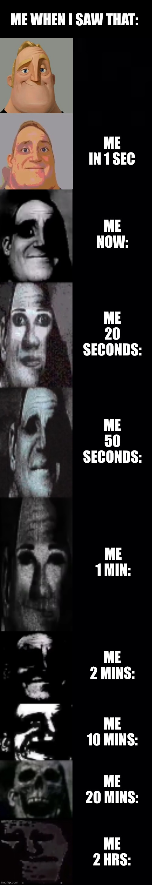 mr incredible becoming uncanny | ME WHEN I SAW THAT: ME IN 1 SEC ME NOW: ME 20 SECONDS: ME 50 SECONDS: ME 1 MIN: ME 2 MINS: ME 10 MINS: ME 20 MINS: ME 2 HRS: | image tagged in mr incredible becoming uncanny | made w/ Imgflip meme maker