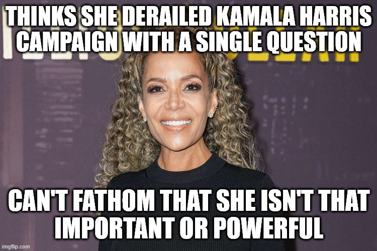 Not so Sunny(i.e. bright) | THINKS SHE DERAILED KAMALA HARRIS
CAMPAIGN WITH A SINGLE QUESTION; CAN'T FATHOM THAT SHE ISN'T THAT
IMPORTANT OR POWERFUL | image tagged in sonny hostin,kamala harris | made w/ Imgflip meme maker