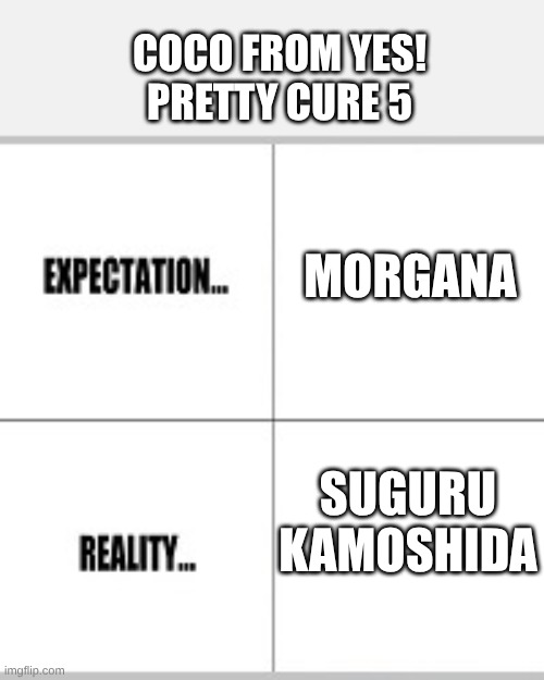 The 2 Characters That Fit Coco | COCO FROM YES! PRETTY CURE 5; MORGANA; SUGURU KAMOSHIDA | image tagged in expectation vs reality,anime,memes,precure,persona 5,persona | made w/ Imgflip meme maker