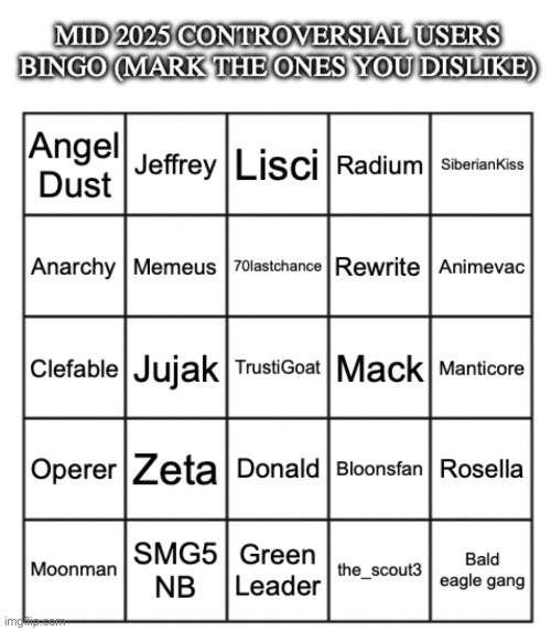 The controversial users bingo that Rylie made is inaccurate, I created a better one a while ago | image tagged in mid 2025 controversial users bingo | made w/ Imgflip meme maker