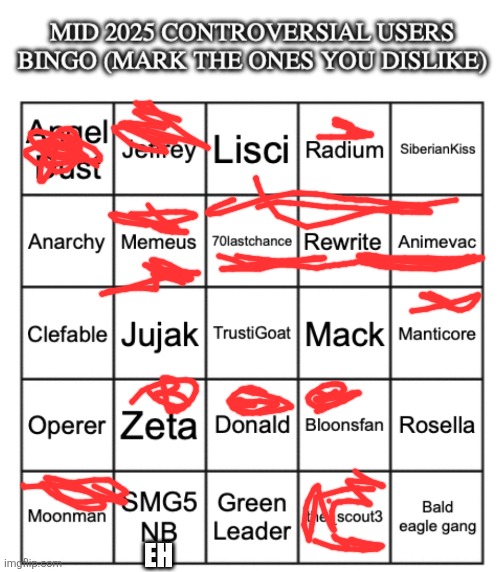 Mid 2025 controversial users bingo | EH | image tagged in mid 2025 controversial users bingo | made w/ Imgflip meme maker