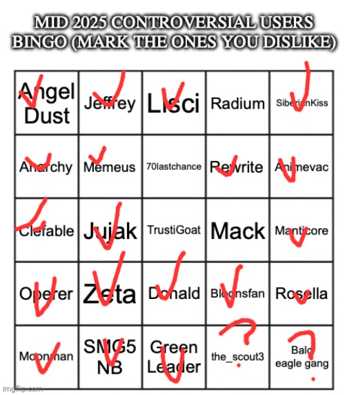 Mid 2025 controversial users bingo | image tagged in mid 2025 controversial users bingo | made w/ Imgflip meme maker